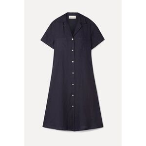 Mansur Gavriel Blue Linen Midi Length Dress Button Front Short Sleeve Minimal